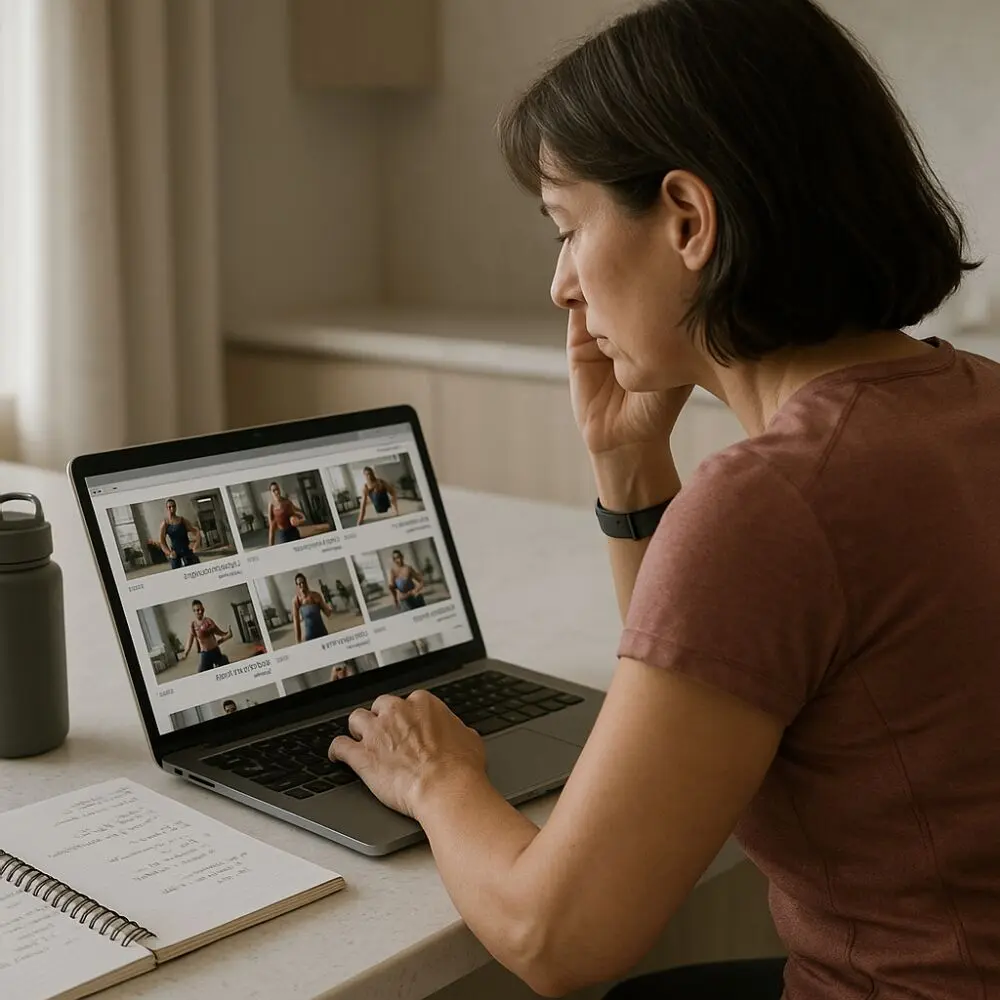 middle aged woman is overwhelmed with having to decide on a fitness program herself
