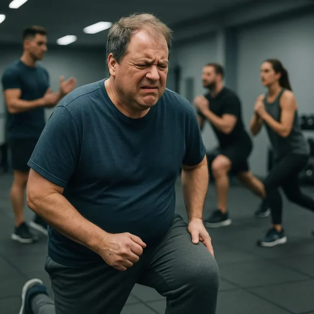 Mature man struggles with knee pain in a fitness class