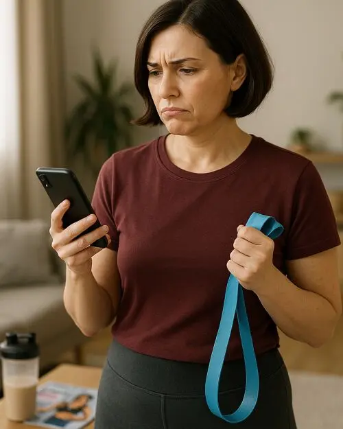 Post Workout Woman stands in her living room Frustrated with lack of results